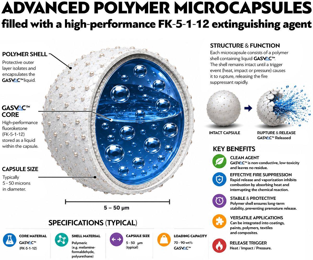 Technical diagram of a GASVAC microcapsule. A cutaway shows the polymer shell enclosing the liquid fluoroketone core, labelled with shell, core and capsule size. Alongside, an intact capsule and a ruptured one releasing the agent, and a panel of key properties.