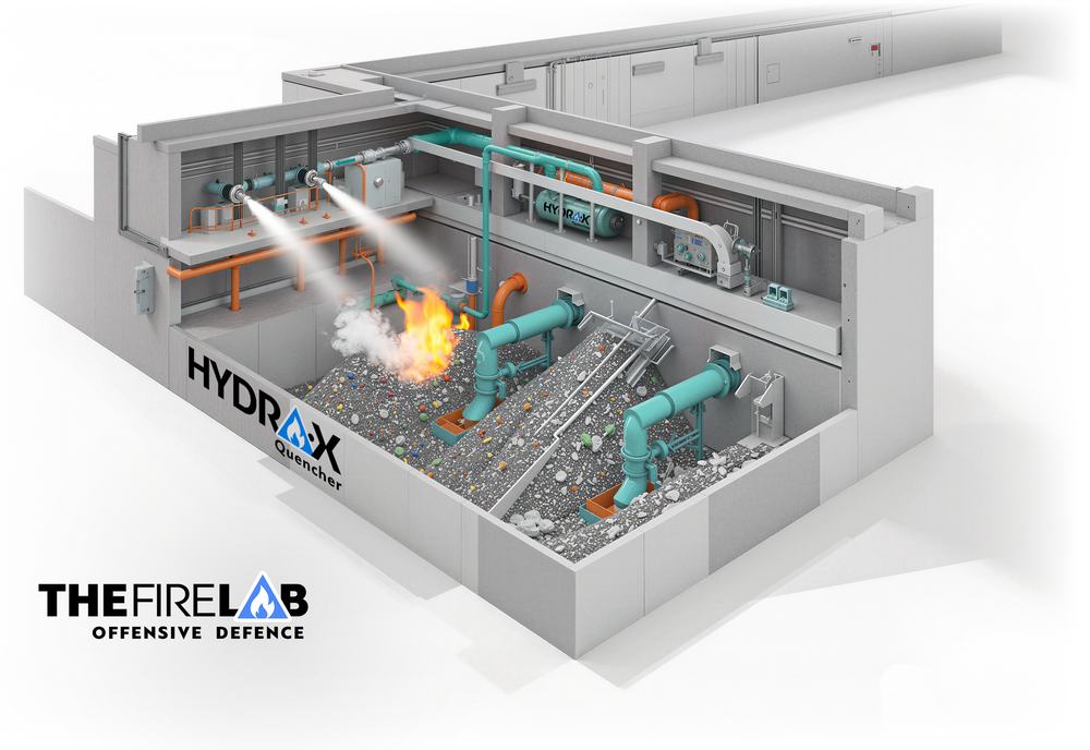 Technical cutaway of a waste bunker fitted with a fixed Hydra X system. Two ceiling-mounted monitors discharge onto a fire in the tipping pit, fed by distribution pipework from the plant deck above.