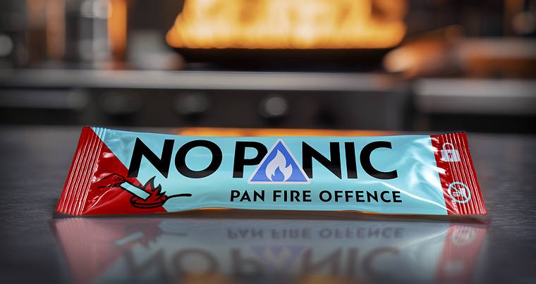 A sealed NoPanic sachet lying on a stainless steel worktop in a commercial kitchen.